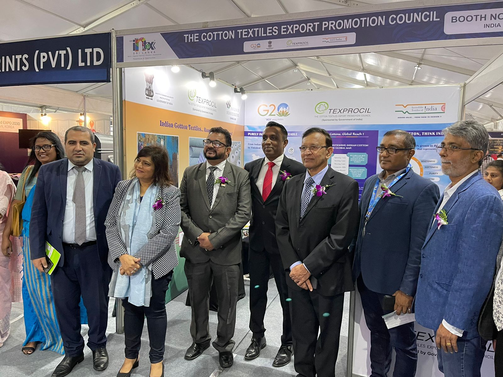 The VIPs took a roundup of the exhibition areas and met with the participating companies. Seen in pic.the dignitaries visiting Indian Pavillion set up by TEXPROCIL @Intex South Asia 2023, Sri Lanka