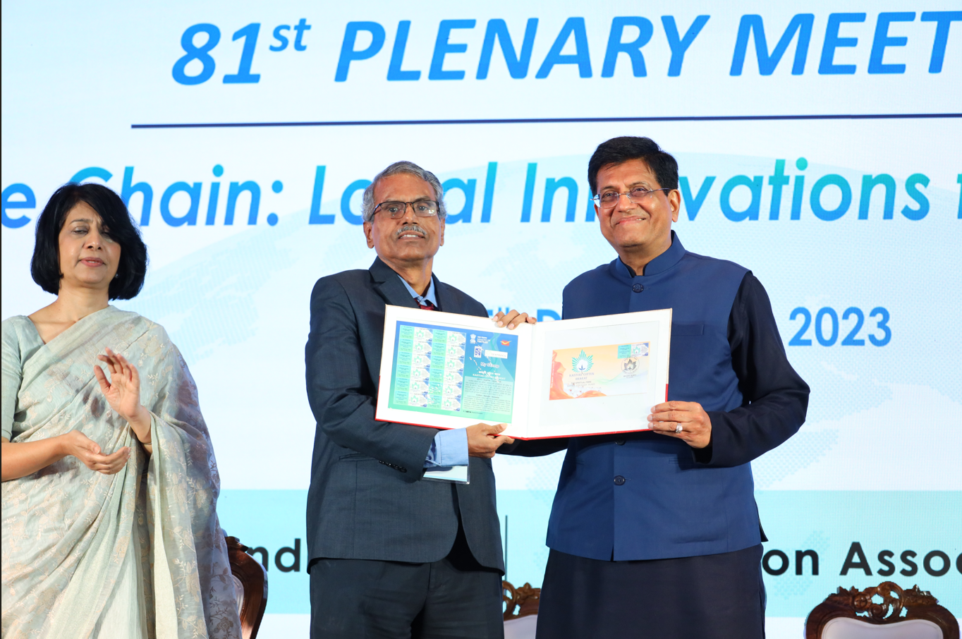 Hon’ble Union Minister, Shri Piyush Goyal ji, releasing the commemorative stamp on Kasturi Cotton Bharat at the 81st Plenary Meeting of the (ICAC) held on 2nd Dec 2023 at the Jio Convention Centre, Mumbai