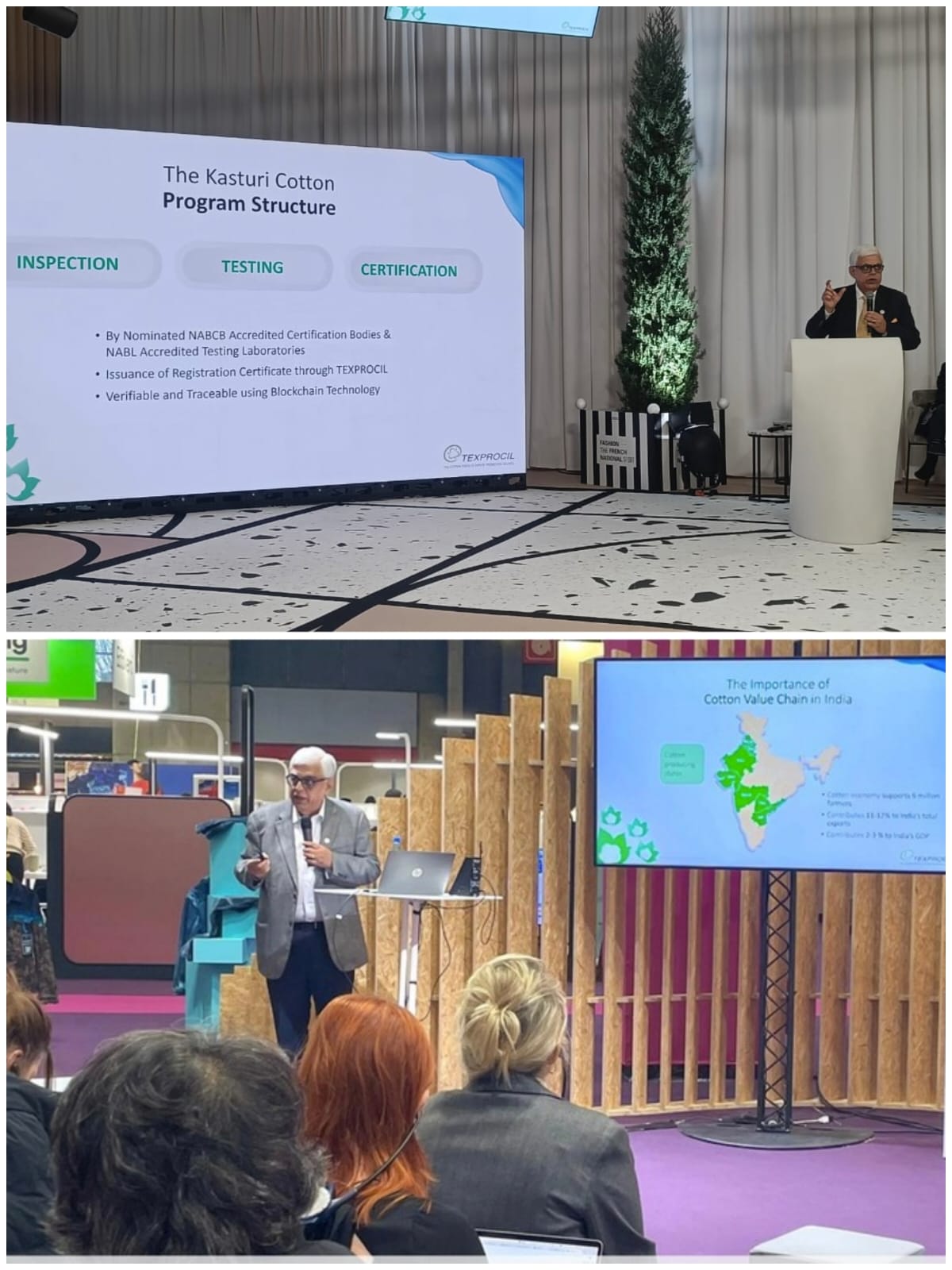 Dr Siddhartha Rajagopal, Eexecutive Director, Texprocil making a presentation on Kasturi Cotton Today (5th Feb 2024) at the Press Conference in the Texworld Evolution show