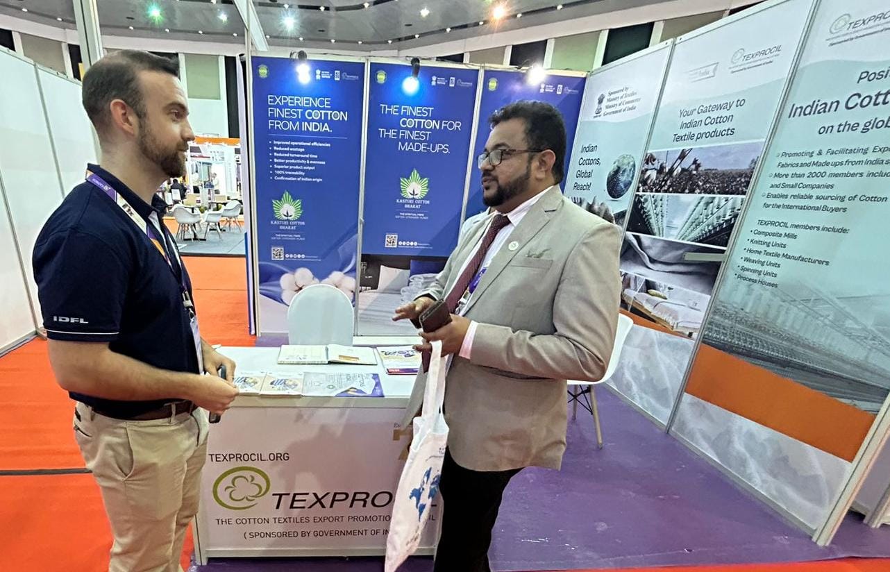 Team from IDFL USA certification body discussing Kasturi Cotton chain of custody at the Council's stall at Intex South Asia, Colombo, Sri Lanka