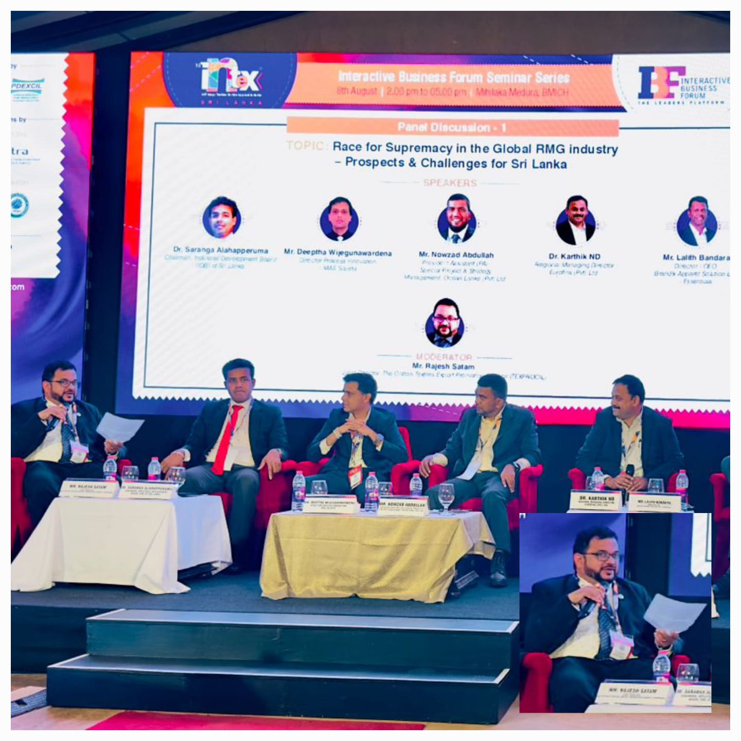 Shri Rajesh Satam, Joint Director, TEXPROCIL moderated a panel discussion involving panelists from Industry Development Board, Brandix, MAS, Ocean Lanka, Eurofins in Intex South Asia Colombo, Sri Lanka.