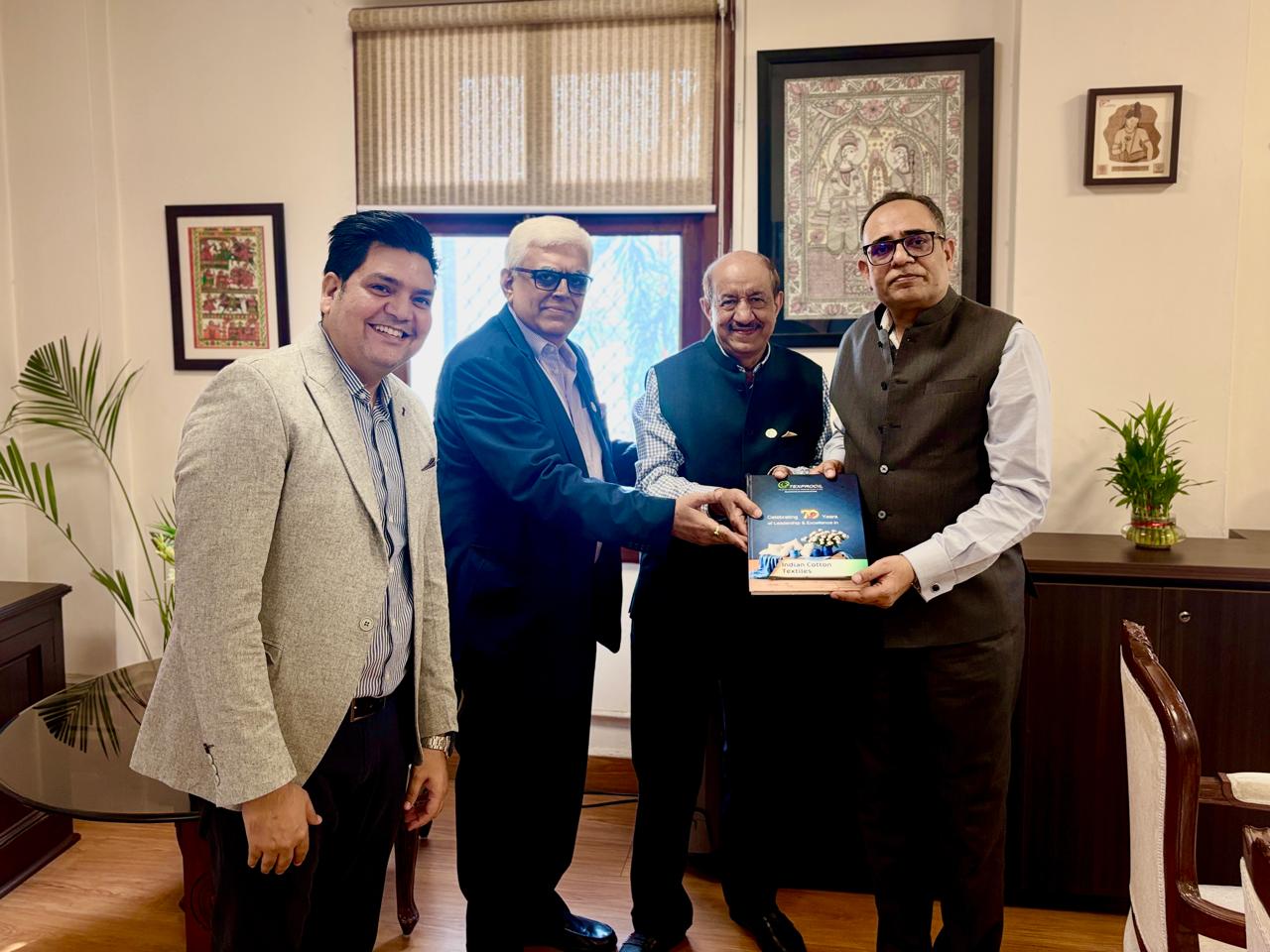 Shri Vijay Agarwal, Chairman Texprocil, along with Dr. Siddhartha Rajagopal, ED, met Shri Rohit Kansal, Additional Secretary, MoT on 14th Nov and presented him the special souvenir brought out to commemorate Council's 70 years Jubilee Celebrations.