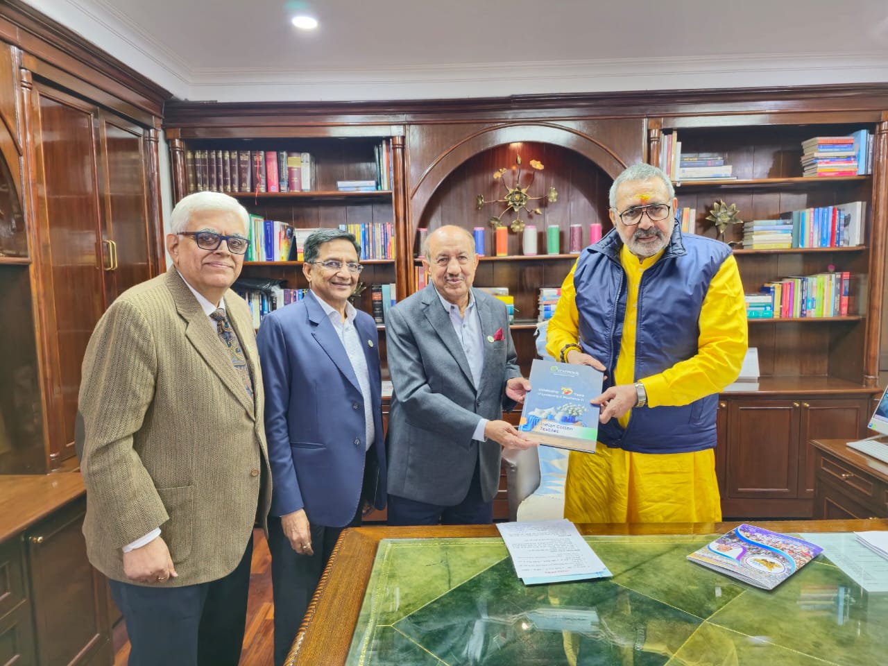 Shri Vijay Agarwal, Chairman, Shri Sunil Patwari Immediate Past Chairman Texprocil and Dr. Siddhartha Rajagopal, ED, met Shri Giriraj Singh, HMoT on 16 Dec 2024 and presented him TEXPROCIL's 70 years Jubilee Celebrations souvenir.