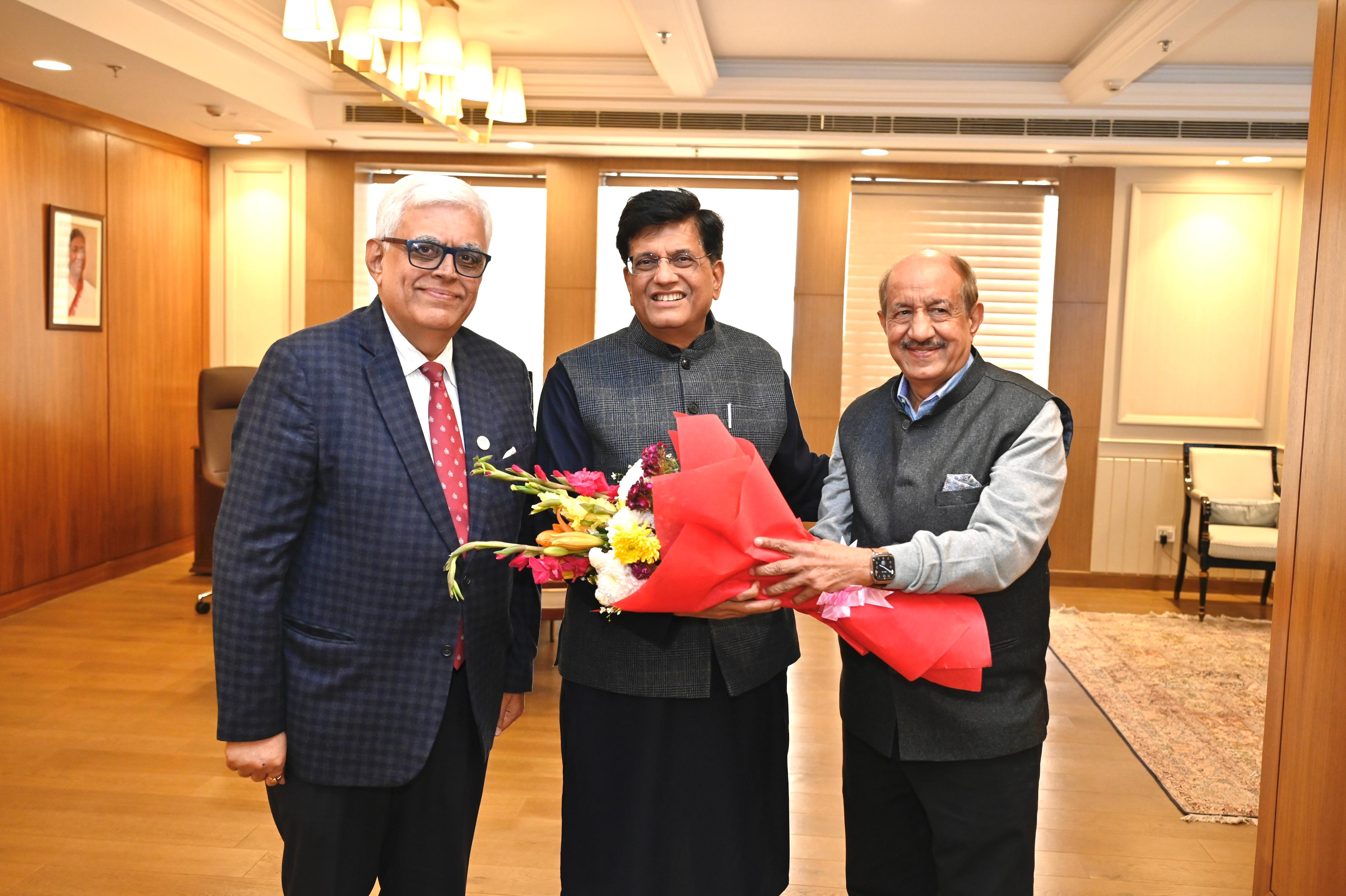 Shri Vijay Agarwal, Chairman Texprocil and Dr. Siddhartha Rajagopal, ED, greeted Shri Piyush Goyal ji, Hon'ble Minister of Commerce and Industry, at his office in New Delhi on January 10, 2025.