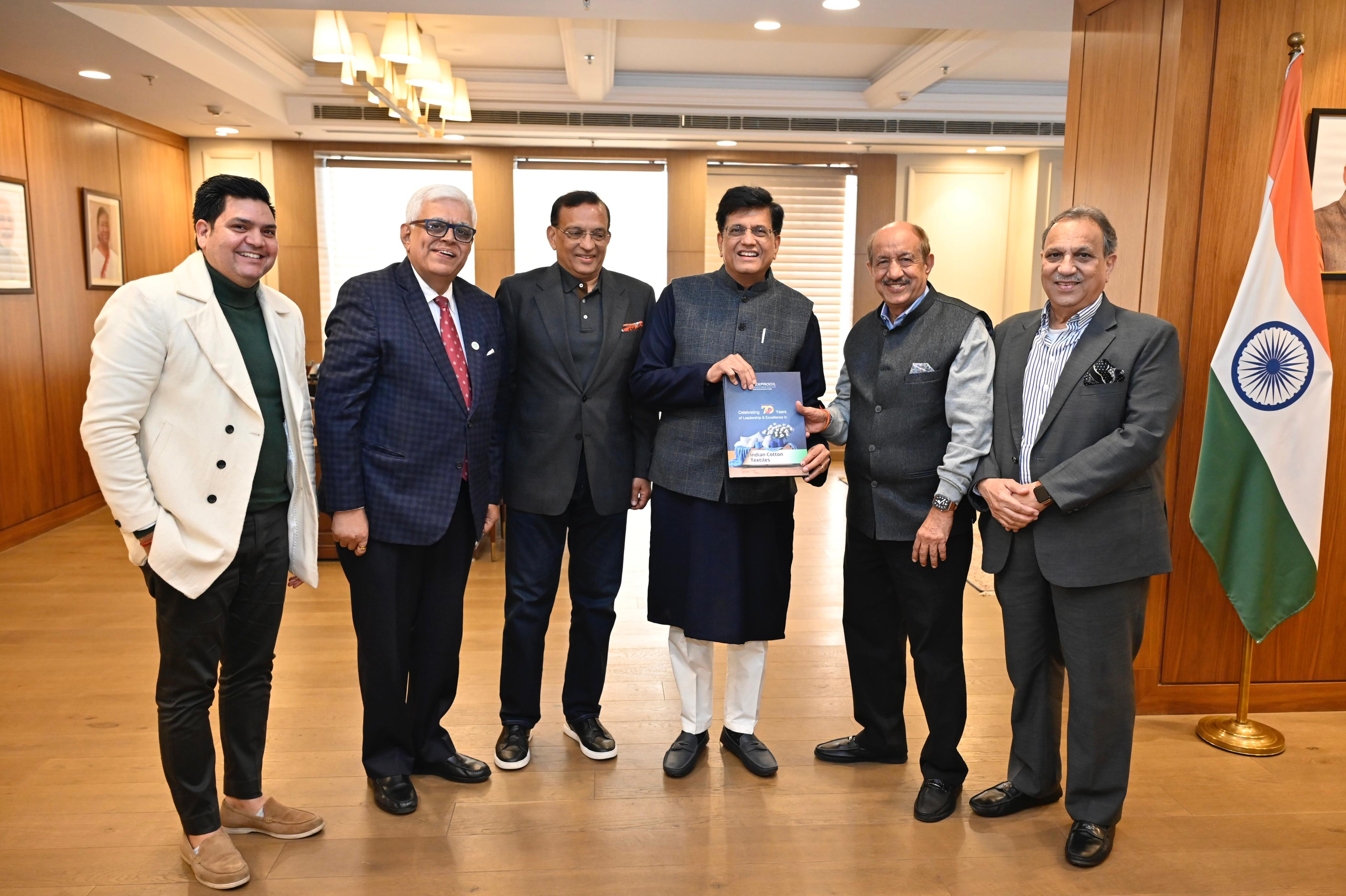 Shri Vijay Agarwal, Chairman Texprocil and Dr. Siddhartha Rajagopal, ED met Shri Piyush Goyal ji, Hon'ble CIM on January 10, 2025 and presented him the special souvenir brought out to commemorate the Council's 70 years Jubilee Celebrations.