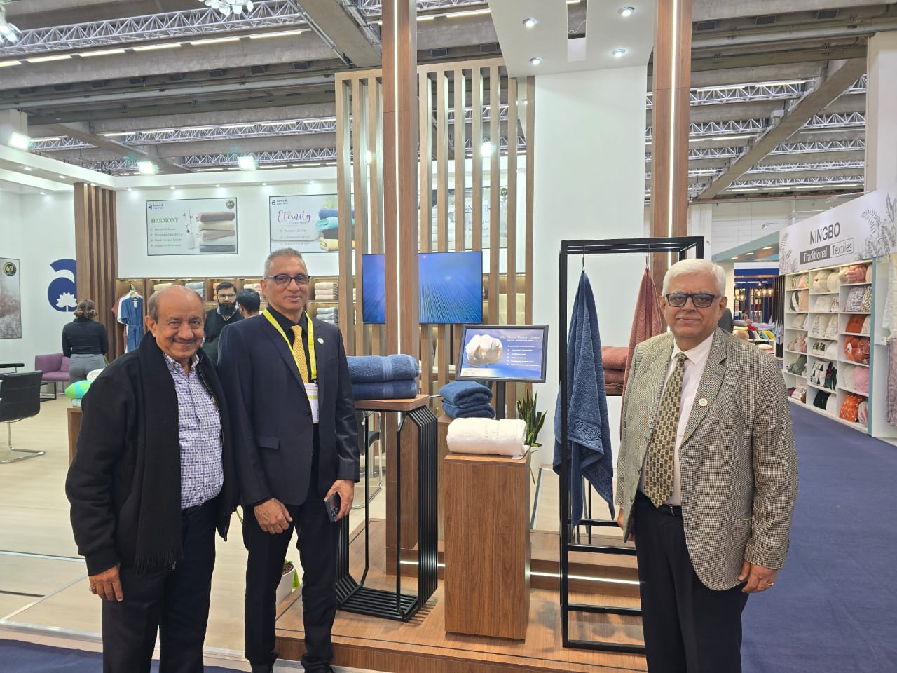 Shri Vijay Agarwal, Chairman – Texprocil, Shri Ravi Sam, Vice Chairman – Texprocil, and Dr. Siddhartha Rajagopal, Executive Director -Texprocil, at Heimtextil 2025.