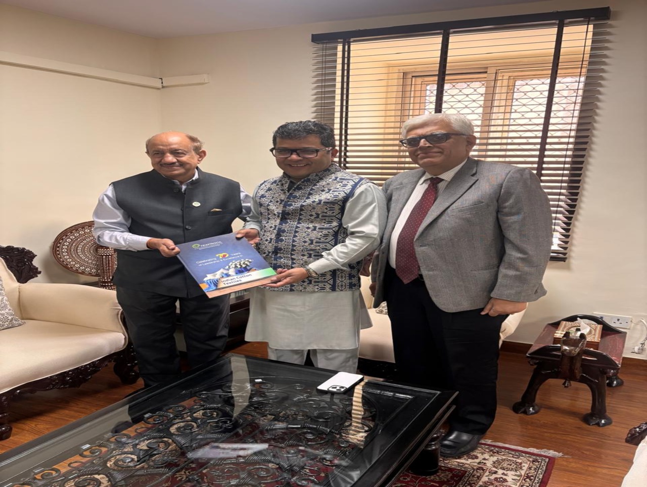 Shri Vijay Agarwal, Chairman Texprocil, along with Dr. Siddhartha Rajagopal, ED met the Minister of State for External Affairs & Textiles Shri Pabitra Margherita ji at his office in Udyog Bhawan, on 3rd February 2025.