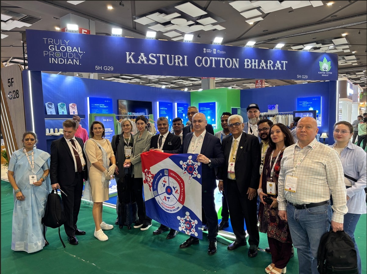 TEXPROCIL Buyers from Russia visits the Kasturi Cotton Bharat Booth during Bharat Tex 2025 being held from Feb 14-17, 2025 in New Delhi