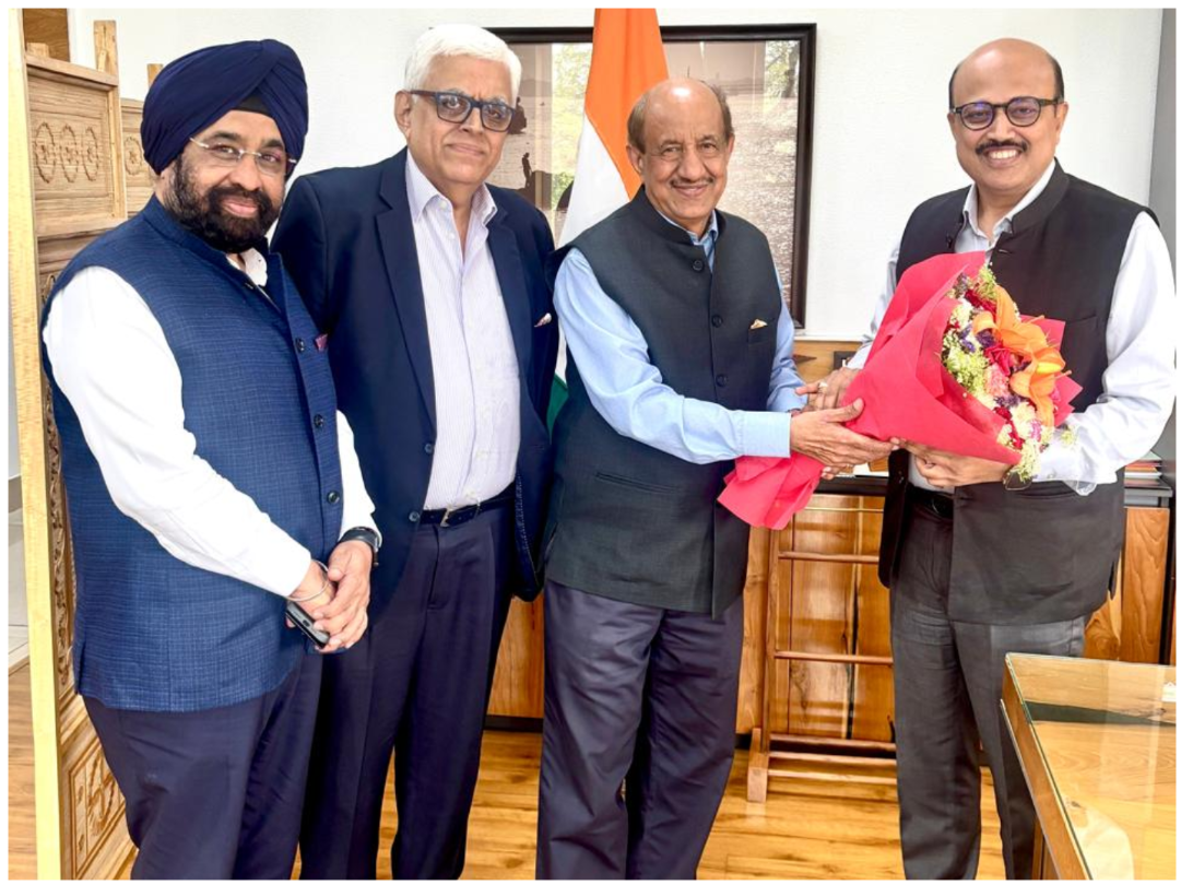 Shri Vijay Agarwal, Chairman, Texprocil alongwith Shri Updeep Singh, Resident Director, Welspun World and Dr. Siddhartha Rajagopal, ED, greeted Shri Rajesh Agarwal, Special Secretary, Chief Negotiator, USA FTA and Secretary Designate, DOC on 7th May 2025.