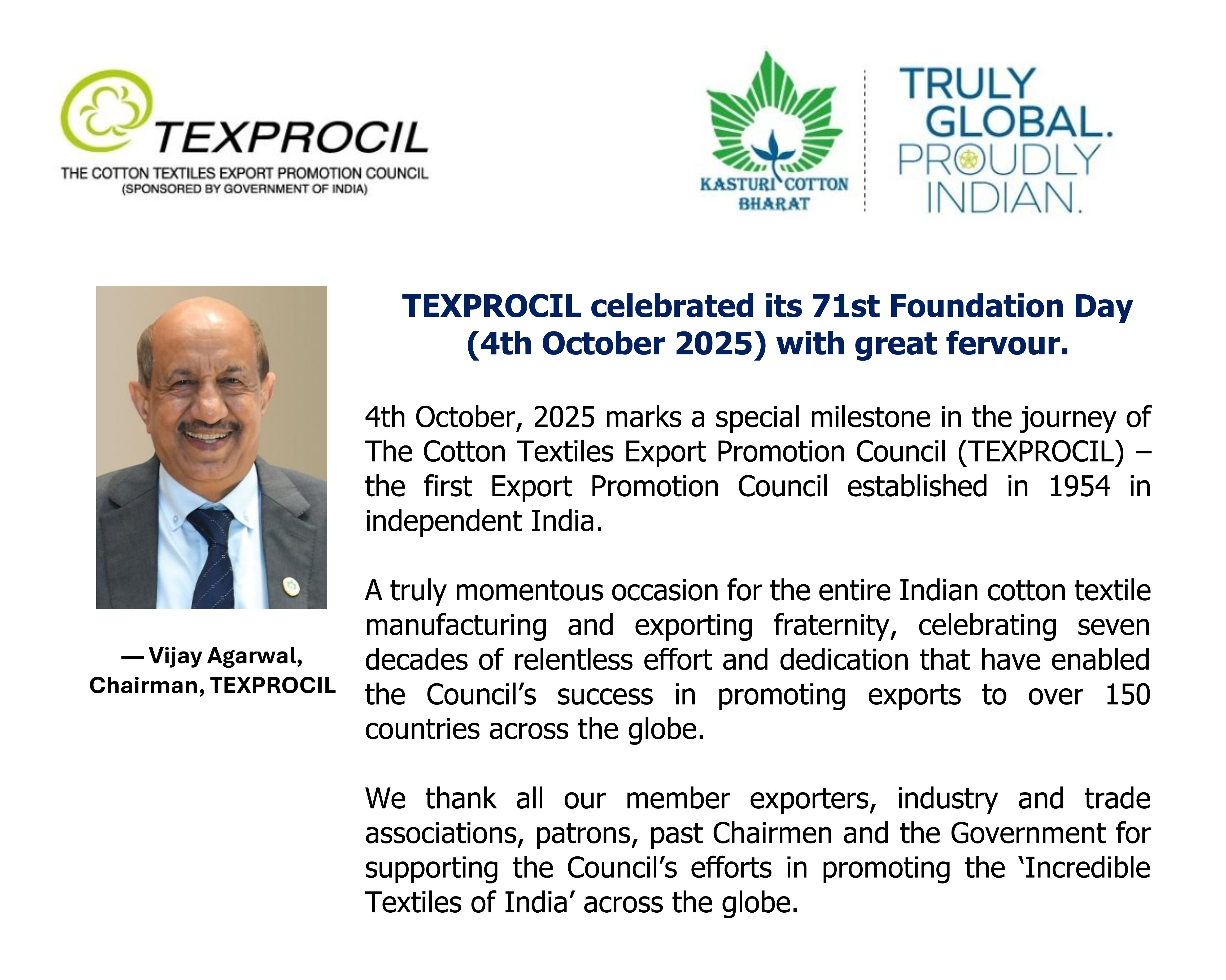TEXPROCIL celebrated its 71st Foundation Day (4th October 2025) with great fervour