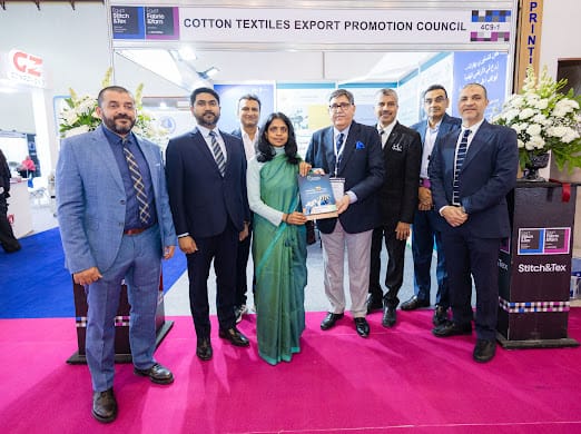 Mr Anil Anand of Nahar Spinning Mills presented the Council's 70 years commemorative book to Ms C Sushma, Deputy Chief of Mission, Embassy of India, Cairo at the Egypt Fabric and Yarn Show being held in Cairo from 4-7 Dec 2025